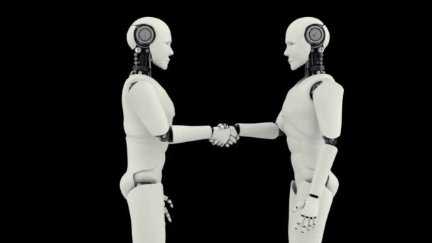 Xai未来主义机器人握手 黑色背景下人工智能Cgi 机器人人3D渲染动画 — 图库视频影像