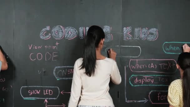 聪明多样的学生在黑板上绘制思维图的背景图 在Stem课上 利用思维图对高中可爱的孩子进行编程或编码系统的思想共享或头脑风暴 — 图库视频影像