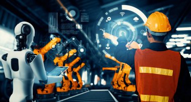 XAI Mekanize Endüstri Robotu ve insan işçileri gelecekteki fabrikada birlikte çalışıyorlar. Sanayi devrimi ve otomasyon üretim süreci için yapay zeka kavramı.