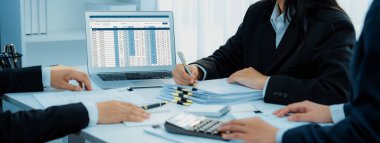 Kurumsal muhasebeci takımı, vergi iadesini hesaplamak ve en yüksek seviyeye çıkarmak ve finansal performans tabanını finansal verilere göre geliştirmek için dizüstü bilgisayar üzerinde muhasebe yazılımı kullanır. Modern iş muhasebesi. Kurnaz.