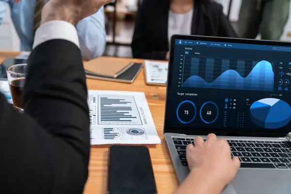 stock image Financial data analysis dashboard by Fintech BI or business intelligence display on laptop screen to in-depth financial data analysis by business people working on business marketing. Habiliment