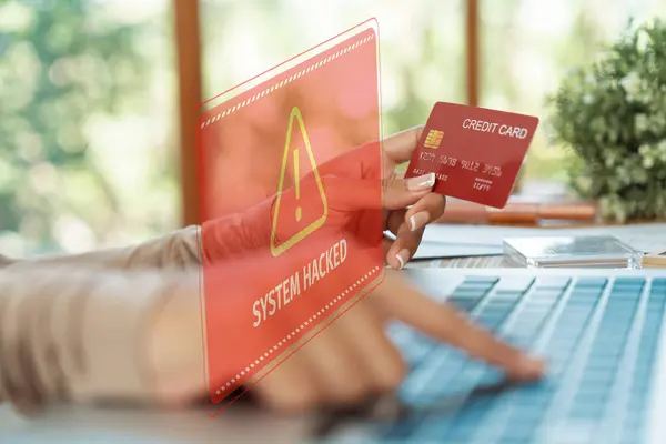 Customer Watching Hologram Interface Warn Danger Credit Card Hacked While — Stock Photo, Image
