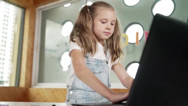 Aranyos Lány Használ Laptop Programozó Szoftver Miközben Néz Kamera Magabiztosan — Stock videók