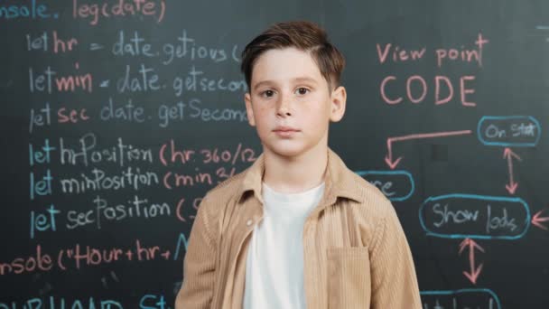 全景照片上 一个快乐的高加索男孩笑着站在黑板前 带着工程代码或提示文字 聪明的孩子在Stem教室学习时看着相机和问候语 Erudition — 图库视频影像