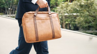 Proje yöneticisi merdivenlerden çıkarken ya da Green Echo City 'de yeni bir pozisyona adım atarken, valizin kapağı iş adamı tarafından tutuldu. Happy proje yöneticisi seyahat çantası kullanıyor. Poşete odaklan. Urbane.