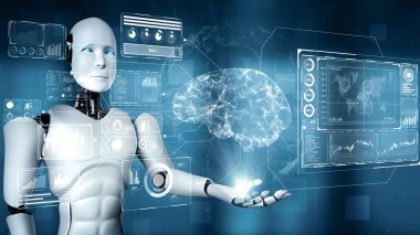 XAI 3d illüstrasyon yapay zeka ve yapay zeka kavramını gösteren sanal hologram ekran tutan yapay yapay robot yapay zeka ve makine öğrenme süreci. 3B görüntüleme.