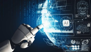 XAI 3D yorumlama fütürist robot teknolojisi geliştirme, yapay zeka yapay zekası ve makine öğrenme konsepti. İnsan hayatının geleceği için küresel robot biyonik bilim araştırması.
