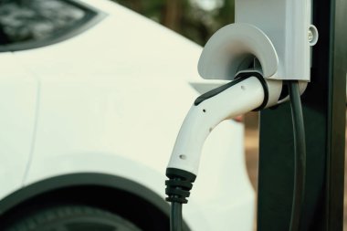 Kapalı EV şarj kolu fişe takıldı veya elektrikli arabaya bağlandı, EV araba aküsünü temiz çevre için sıfır CO2 emisyonu ile alternatif ve sürdürülebilir enerjiyle şarj etti. Kalıcı