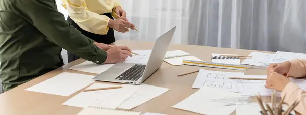 Professional Architect Edited Blueprint Using Laptop While Project Manager Point — Stock Photo, Image