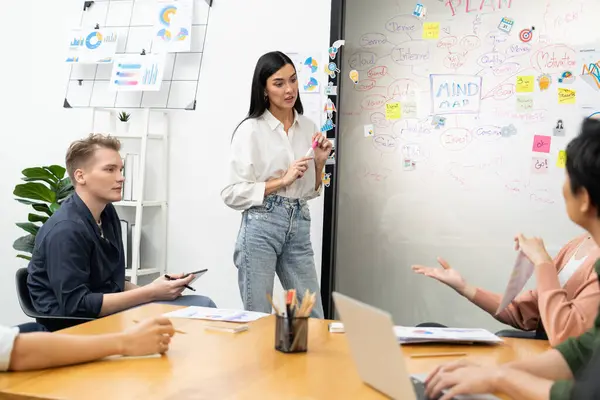 stock image Young beautiful leader presents marketing strategy while expert investor and project manager lecturing to analyze business performance at start up business meeting. Multiethnic group. Immaculate.