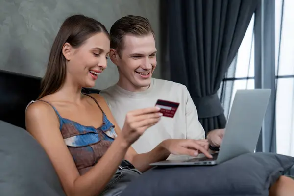 Young Couple Sit Home Bedroom Using Online Payment App Digital — Stock Photo, Image