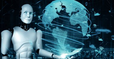 XAI 3d illüstrasyon Futuristik robot yapay zeka insansı yapay yapay yapay yapay zeka ulaşım analitik teknoloji geliştirme ve makine öğrenme kavramı. Geleceği için küresel robotik bilim araştırması