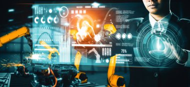 Dijital sanayi ve fabrika robotu teknolojisi için XAI Gelişmiş Robot Kol Sistemi. İnternet ağına bağlı IOT yazılımı kullanarak endüstri mühendisliği tarafından kontrol edilen otomasyon üretim robotu.