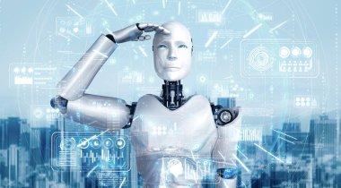 XAI 3d illüstrasyon İnsansı Yapay Zeka robotu hologram ekranına bakıyor ve makine öğrenme süreciyle yapay zeka kullanarak büyük veri analitiği kavramını gösteriyor. 3B illüstrasyon.