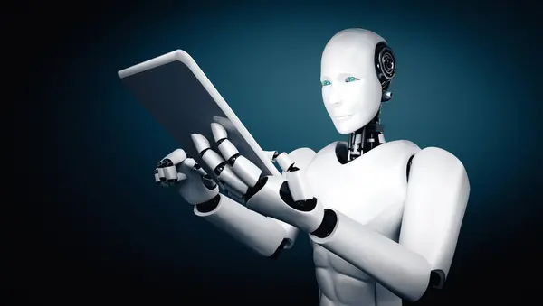 Xai Illustration Robot Humanoid Using Tablet Computer Future Office While — Stock Photo, Image