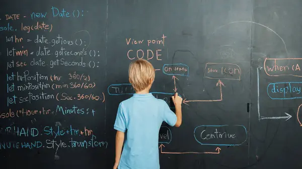 Back View Student Writing Engineering Prompt Blackboard Handsome Clever Child — Stock Photo, Image
