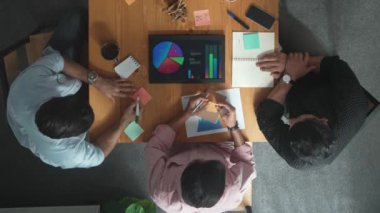 Çeşitli takımların beyin fırtınası pazarlama fikrine renkli yapışkan notlar yazışlarının en iyi görüntüsü. Çok kültürlü iş adamları, liderleri ayakta dikilirken ve yürürken plan hakkında not alıyorlar. Cemaat.