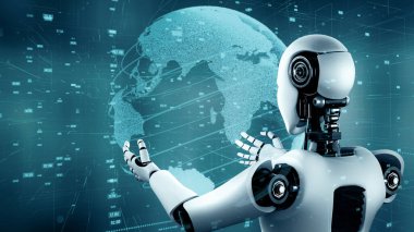 XAI 3d illüstrasyon Futuristik robot yapay zeka insansı yapay zeka veri analitik teknoloji gelişimi ve makine öğrenme kavramı. İnsanlığın geleceği için küresel robotik biyonik bilim araştırması