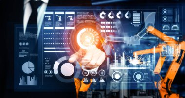 Dijital sanayi ve fabrika robotu teknolojisi için XAI Gelişmiş Robot Kol Sistemi. İnternet ağına bağlı IOT yazılımı kullanarak endüstri mühendisliği tarafından kontrol edilen otomasyon üretim robotu.