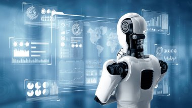 XAI 3D illüstrasyon Yapay Zeka Düşünen İnsansı Robot, hologram ekranını analiz ediyor. Makine öğrenme süreciyle yapay zeka kullanarak büyük veri analitiği kavramını gösteriyor. 3B illüstrasyon.