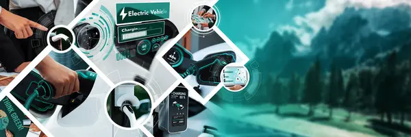 EV electric car vehicle charging and sustainable LCA green energy technology presented in panoramic banner photo collage showing eco friendly view of electric vehicle and hybrid car for future ESG