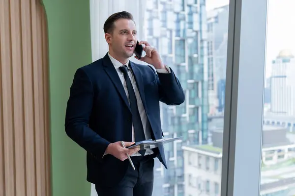 Portrait Professional Businessman Stand Window Skyscraper While Phone Calling Holding — Stock Photo, Image