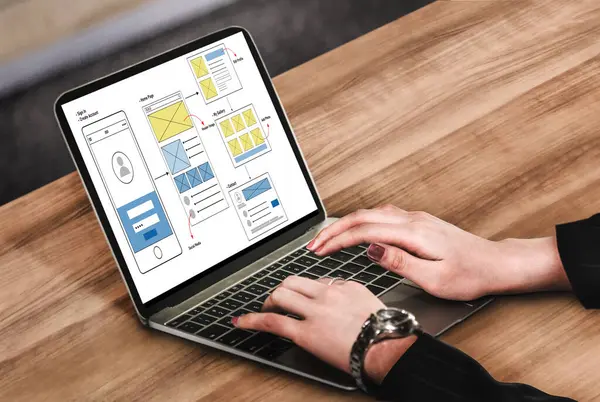 Model mobil uygulama ve web sitesi için UX UI tasarım süreci. Profesyonel uygulama geliştiricisi için kablo grafiğinin yaratıcı prototipi .