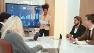 Ofisteki sunum ya da analist ekibiyle süs toplantı odasında mali verileri analiz etmek için BI Fintech 'i kullanın. İş adamları stratejik planlama için TV ekranında BI gösterge panelini analiz ediyor