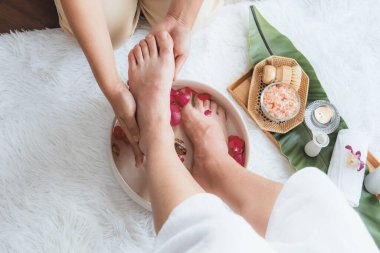 Kadınlar lüks spa salonlarında keyifli ayak masajlarına devam ederken, masör de hafif gün ışığı atmosferinde refleksoloji terapisi veya otel ayak spa 'sında. Sessiz.