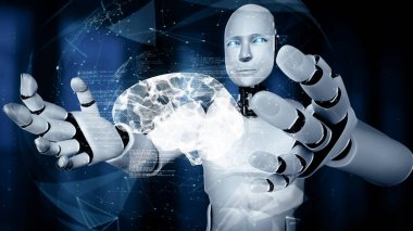 XAI 3d illüstrasyon yapay zeka ve yapay zeka kavramını gösteren sanal hologram ekran tutan yapay yapay robot yapay zeka ve makine öğrenme süreci. 3B görüntüleme.