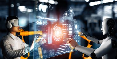 XAI Mekanize Endüstri Robotu ve insan işçileri gelecekteki fabrikada birlikte çalışıyorlar. Sanayi devrimi ve otomasyon üretim süreci için yapay zeka kavramı.