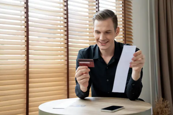 Happy Man Sit Table Smiling Pays Bills Online Credit Card — Stock Photo, Image