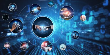 Yapay zeka sanal robot asistanıyla insan etkileşimi. Yapay zeka kavramı yapay zeka mühendisliği, LLM yapay zekanın üretkenliği arttırmak için üretken yapay zeka kullanmayı öğrenmesi. NLP