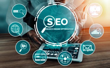 SEO - Çevrimiçi Pazarlama Konsepti için Arama Motoru Optimizasyonu. Müşteri arama ve pazar stratejisini optimize ederek anahtar kelime araştırma web sitesinin tanıtımını gösteren modern arayüz. uds