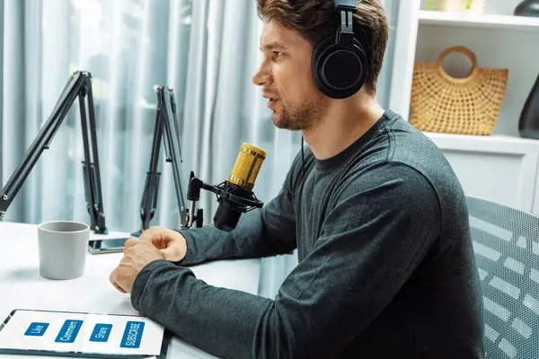 Man Broadcaster Wearing Headphones Making Advice Problem Live Streaming Listeners — Stock Photo, Image