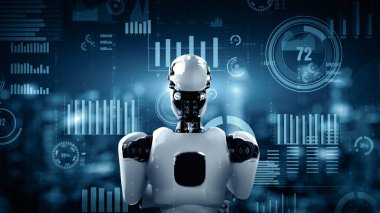 XAI 3D illüstrasyon Gelecek Finansal Teknoloji Kontrolü Yapay Robot Huminoid makine öğrenimi ve yapay zeka kullanarak iş verilerini analiz ediyor ve yatırım ve ticaret hakkında tavsiyelerde bulunuyor