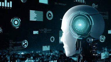 XAI 3d illüstrasyon Futuristik robot yapay zeka insansı yapay zeka endüstriyel fabrika teknolojisi geliştirme ve makine öğrenme konsepti için. İnsanoğlunun geleceği için robotik biyonik bilim araştırması