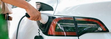 Genç adam yeşil şehir parkındaki şarj istasyonundan elektrikli araba aküsünü şarj ediyor. Sürdürülebilir çevre dostu şehir yolculuğu için şarj edilebilir EV araba. Panorama Çıkarı
