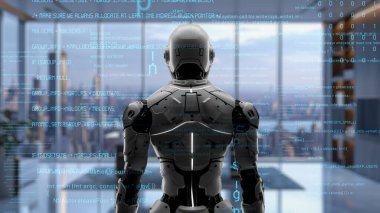 Yapay zeka mühendisliği iş başında. Yapay zeka algoritması pazarlama otomasyonu, teknik analiz, çözüm iletişimi ve hızlı yanıt için. LISP kodlu program ve 3d resimleme öğrenen makine