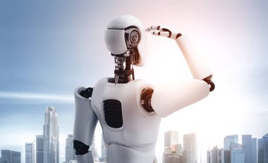 XAI 3D illüstrasyon 3D insansı robot şehir manzarası siluetine karşı sabırsızlıkla bekliyor. Yapay zekanın gelecekteki gelişimi için liderlik, fikir ve vizyon kavramı.