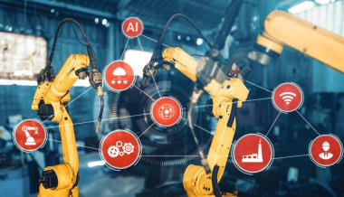 XAI Smart Endüstri 4.0 veya 4. endüstriyel devrimin otomasyon üretim sürecini ve IOT yazılımını gösteren dijital fabrika üretim teknolojisi için robot kolları.