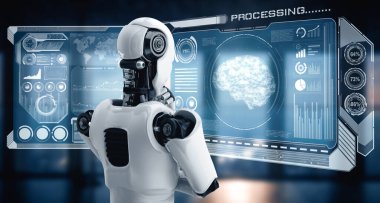 XAI 3D illüstrasyon Yapay Zeka Düşünen İnsansı Robot, hologram ekranını analiz ediyor. Makine öğrenme süreciyle yapay zeka kullanarak büyük veri analitiği kavramını gösteriyor. 3B illüstrasyon.