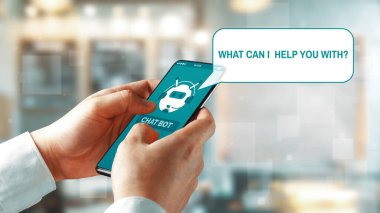 Al Chatbot akıllı dijital müşteri hizmetleri uygulaması konsepti. Bilgisayar ya da mobil aygıt uygulaması kullanılıyor. Yapay zeka sohbet botu otomatik olarak çevrimiçi iletiye cevap veriyor.