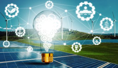 Gelecekteki güç üretimi ikon grafik arayüzü endüstrisine sahip yeşil enerji yenilik ampulü. Alternatif enerji ile sürdürülebilirlik gelişimi kavramı. uds