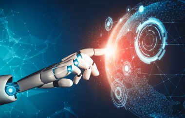 XAI 3D yorumlama fütürist robot teknolojisi geliştirme, yapay zeka yapay zekası ve makine öğrenme konsepti. İnsan hayatının geleceği için küresel robot biyonik bilim araştırması.