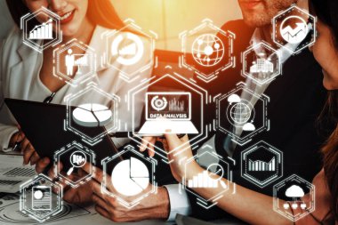 İş ve Finans Konsepti Veri Analizi. Dijital iş stratejisi için gelecekteki kar analitik bilgisayar teknolojisini, çevrimiçi pazarlama araştırma ve bilgi raporunu gösteren arayüz. uds