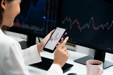 Modern ofisteki bilgisayar ekranlarıyla karşılaştırıldığında borsa grafiği üzerinden akıllı telefon kullanan bir iş kadınında kesilmiş görüntü. Zenginlik güvenliğine yüksek kar yatırımı kavramı. Taktik.