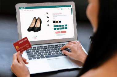 Genç bir kadın internet bankacılığı için kredi kartıyla dizüstü bilgisayar kullanıyor. Evinde online ödeme kapısı ile E ticareti yapıyor. Banka kartıyla modern ve kullanışlı online alışveriş. Blithe