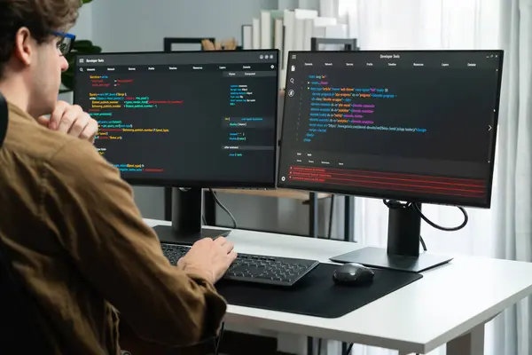 Developer Working Online Software Development Monitors Modern Home Office Coding — Stock Photo, Image