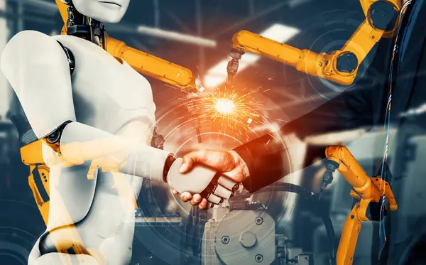 Xai Robot Industrial Mecanizado Trabajador Humano Trabajando Juntos Futura Fábrica — Foto de Stock